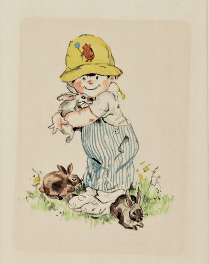 Print, Watercolor, Child with Bunny Rabbits, Unsigned, Vintage