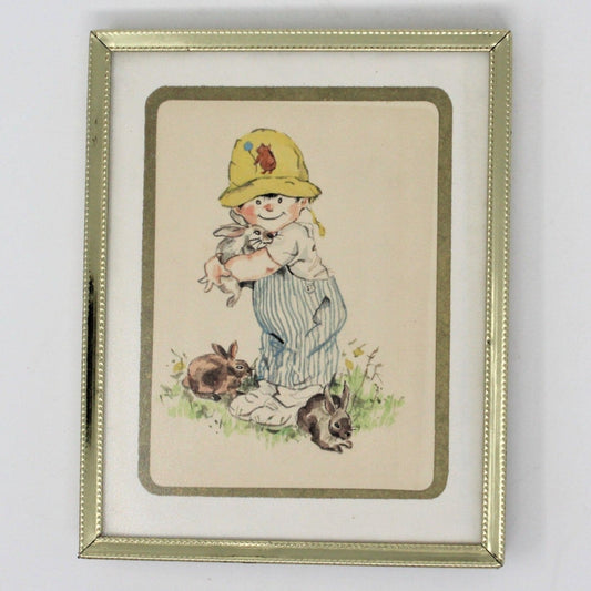 Print, Watercolor, Child with Bunny Rabbits, Unsigned, Vintage