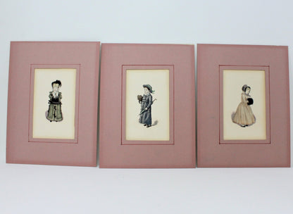 Prints, Watercolor, Victorian Children, Matted, Set of 3