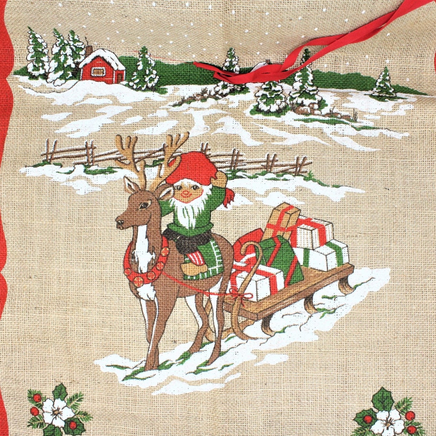 Gift Bag / Burlap Sack, Holiday Gnome / Elf, Unused 36 x 24, Scandinavian, Vintage