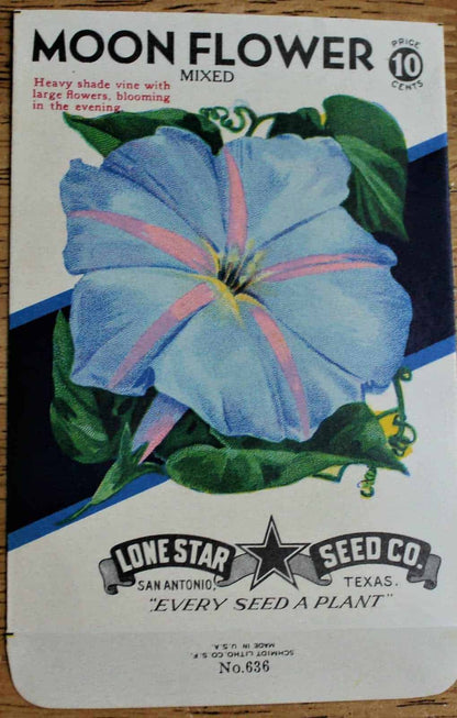 10 cent flower seed packets Seed Packets, Lone Star Seed Co, Moon Flower #636 NOS, Vintage – Antigo Trunk
