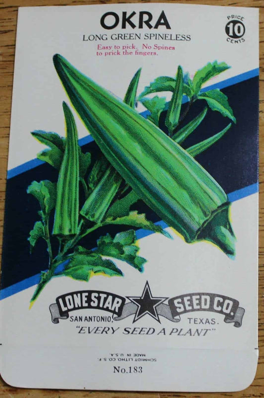 Seed Packets, Lone Star Seed Co, Okra #183, NOS, Vintage