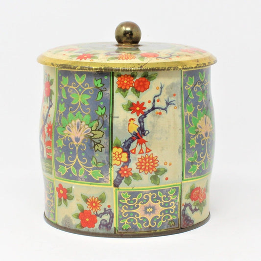 Gift Tin / Cookie Tin, Asian Floral Chinoiserie, Cylinder Vintage, England