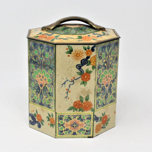 Gift Tin / Cookie Tin, Asian Floral Chinoiserie, Octagon Vintage, England