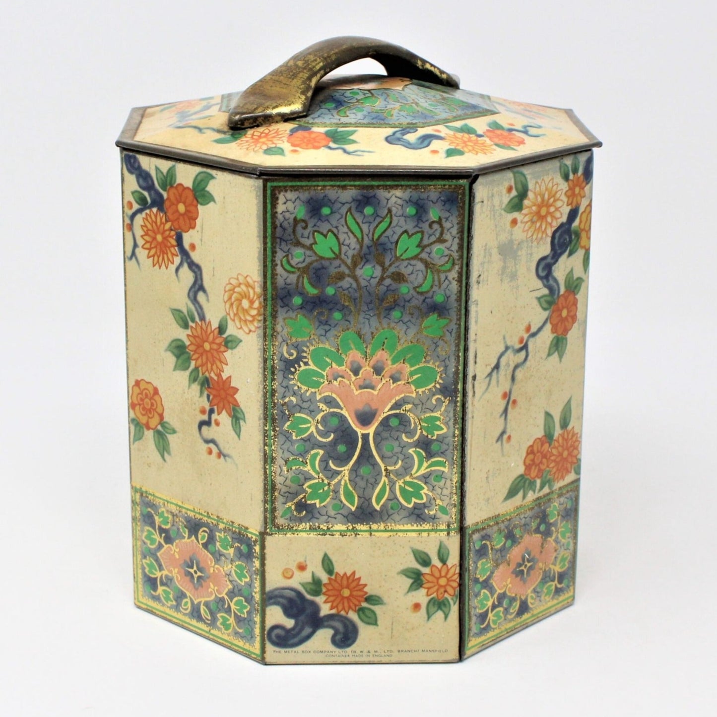 Gift Tin / Cookie Tin, Asian Floral Chinoiserie, Octagon Vintage, England