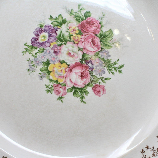 Luncheon Plates, Cosmopolitan Dinnerware, Mayfair, Pink Roses & 22K Gold Filigree, Set of 5, Vintage USA 1940s