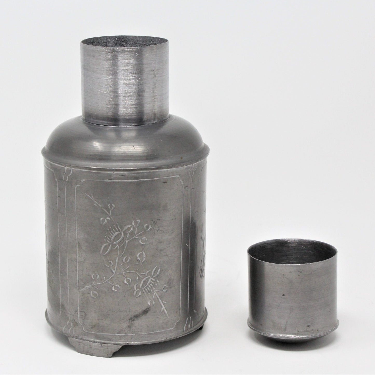 Tea Caddy, Round Pewter / Paktong, Etched Designs, Hong Kong, Vintage, RARE