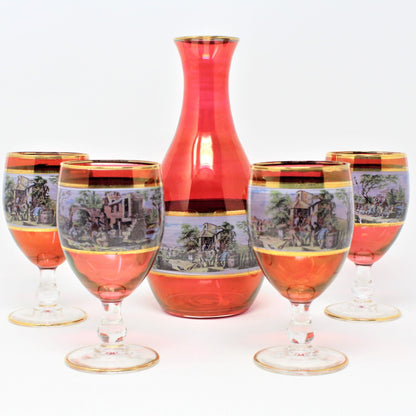 Decanter & Glasses, Cranberry Glass, Italian Renaissance Scene, 5 Pcs, Vintage