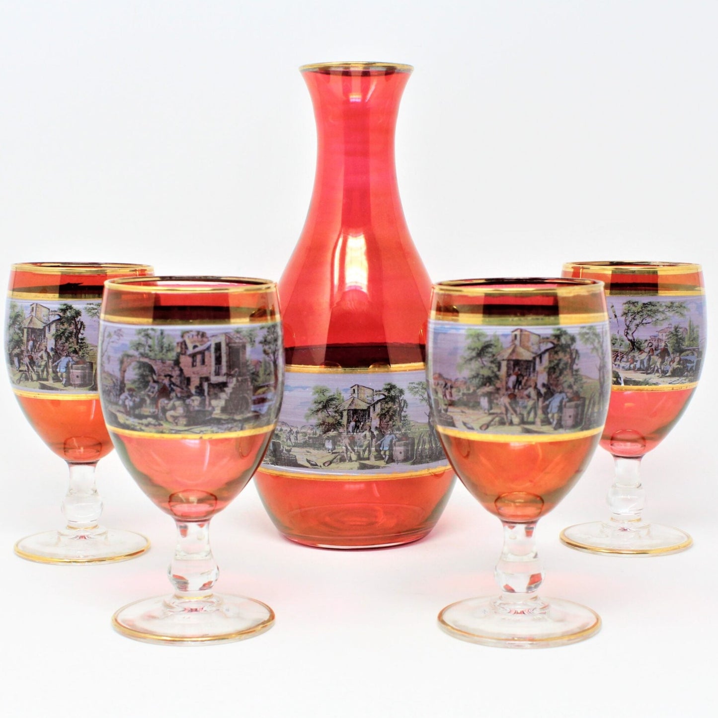 Decanter & Glasses, Cranberry Glass, Italian Renaissance Scene, 5 Pcs, Vintage