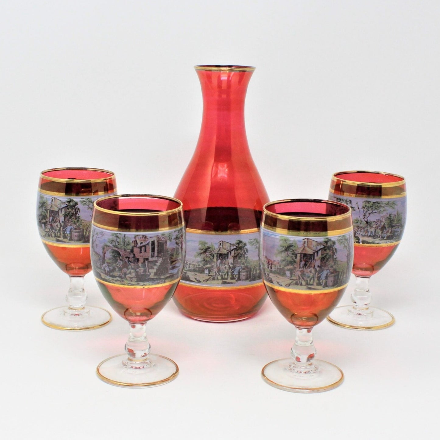 Decanter & Glasses, Cranberry Glass, Italian Renaissance Scene, 5 Pcs, Vintage
