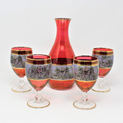 Decanter & Glasses, Cranberry Glass, Italian Renaissance Scene, 5 Pcs, Vintage