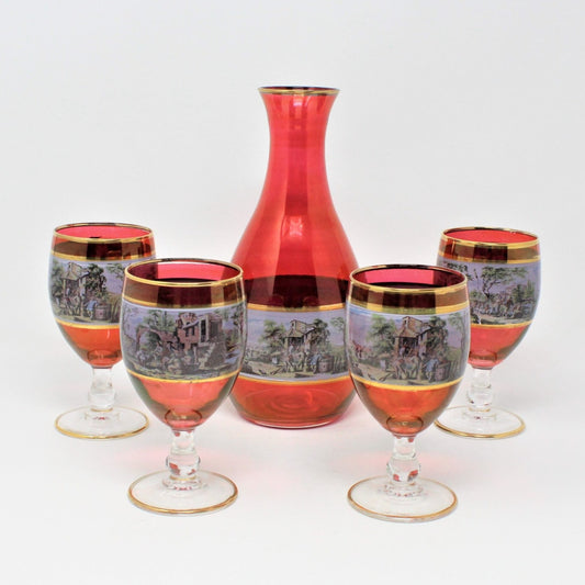 Decanter & Glasses, Red Glass Italian Renaissance Scene, 5 Pcs, Vintage