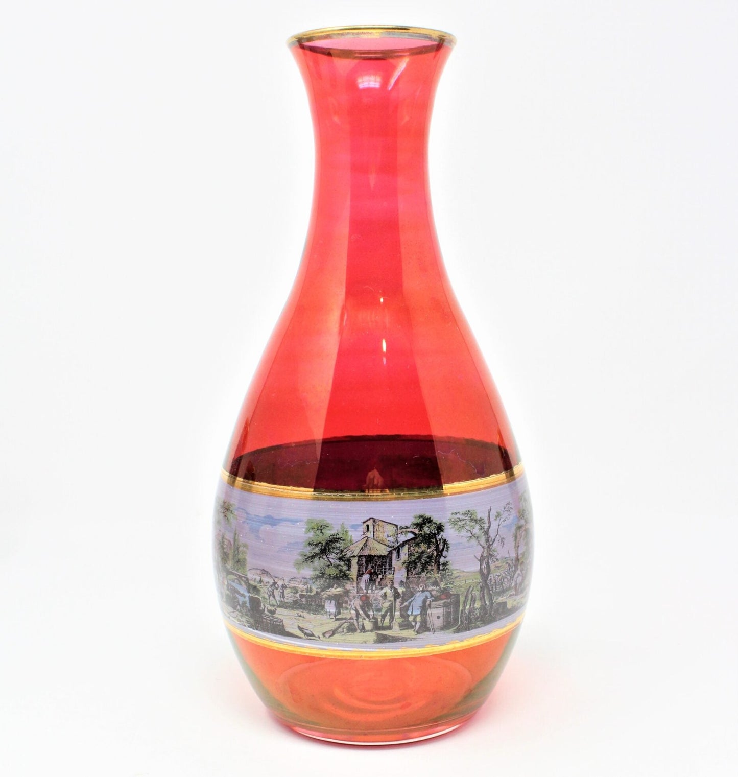 Decanter & Glasses, Cranberry Glass, Italian Renaissance Scene, 5 Pcs, Vintage