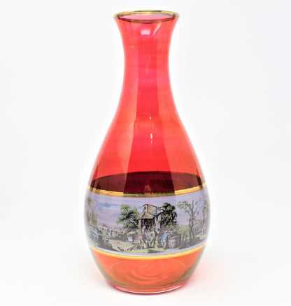 Decanter & Glasses, Cranberry Glass, Italian Renaissance Scene, 5 Pcs, Vintage