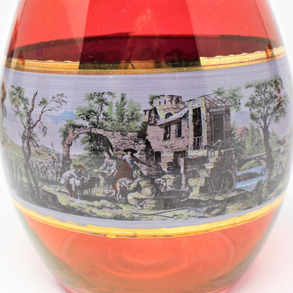 Decanter & Glasses, Red Glass Italian Renaissance Scene, 5 Pcs, Vintage