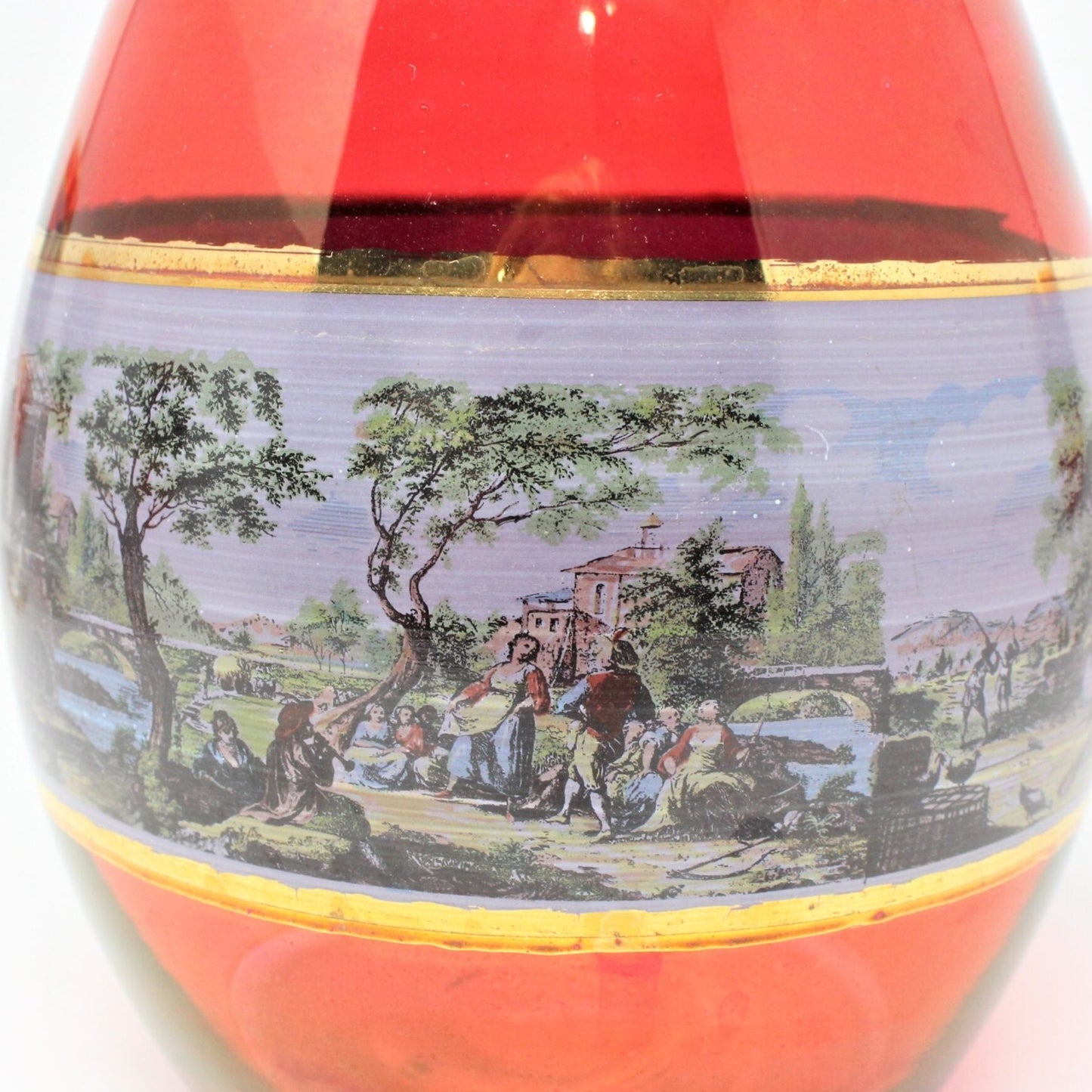 Decanter & Glasses, Cranberry Glass, Italian Renaissance Scene, 5 Pcs, Vintage