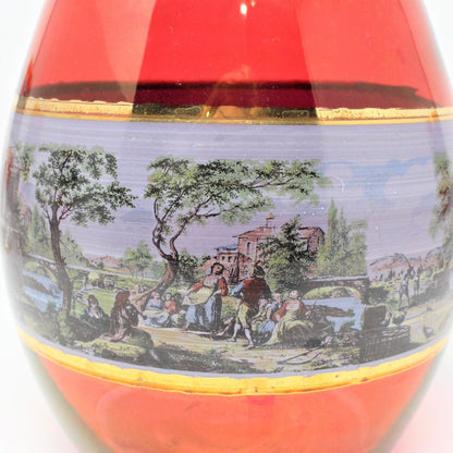 Decanter & Glasses, Red Glass Italian Renaissance Scene, 5 Pcs, Vintage