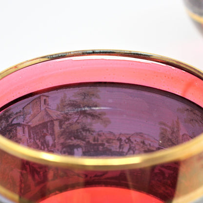 Decanter & Glasses, Cranberry Glass, Italian Renaissance Scene, 5 Pcs, Vintage