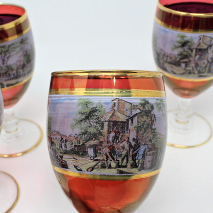 Decanter & Glasses, Cranberry Glass, Italian Renaissance Scene, 5 Pcs, Vintage