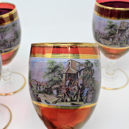 Decanter & Glasses, Red Glass Italian Renaissance Scene, 5 Pcs, Vintage