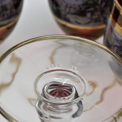 Decanter & Glasses, Cranberry Glass, Italian Renaissance Scene, 5 Pcs, Vintage