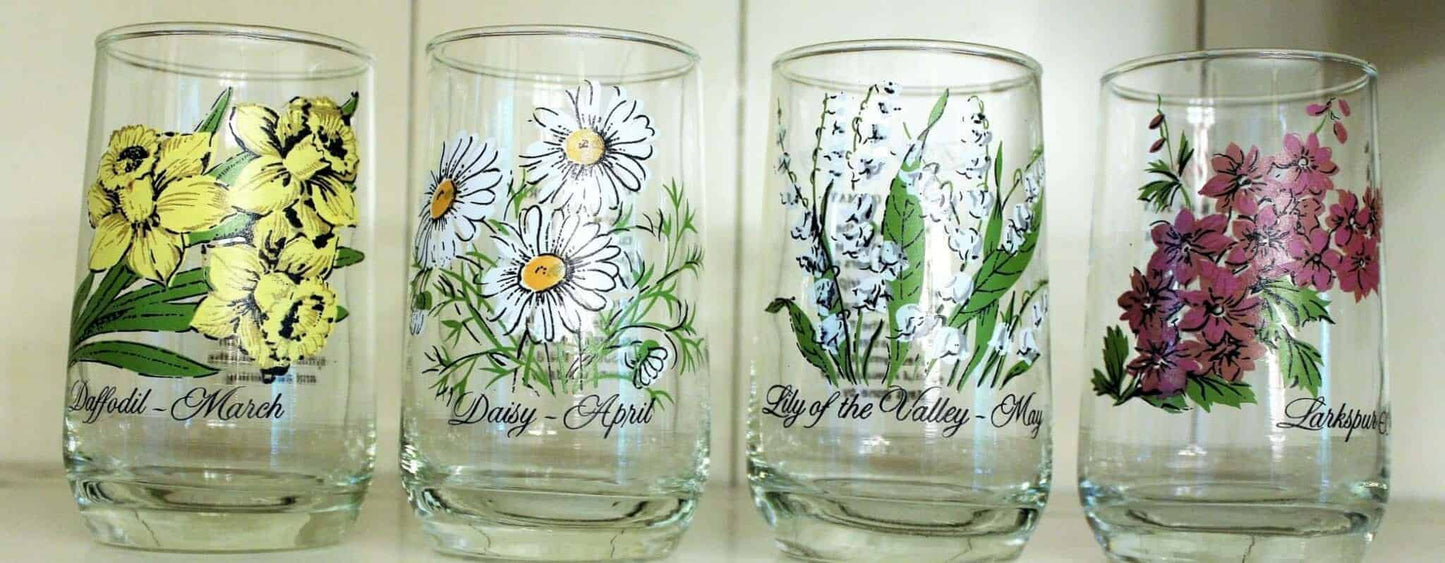 Glass Tumbler, Brockway Glass Flower of the Month, November / Chrysanthemum, Vintage