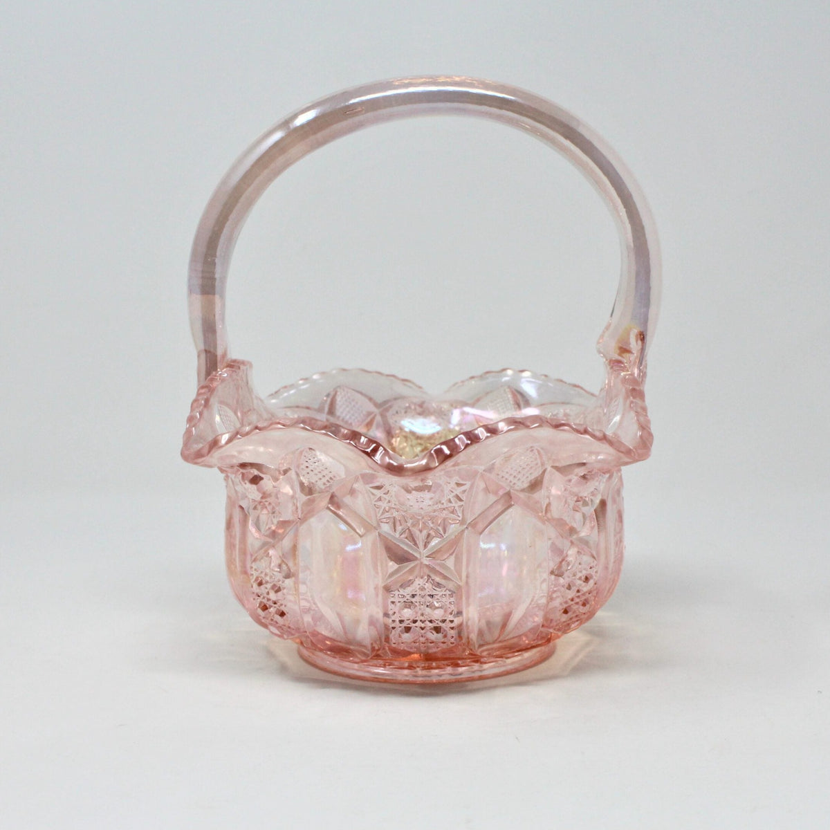 Basket: L.E. Smith Glass, Quintec, Pink Carnival Glass, Original Smith Label, USA, Vintage 1970s - SOLD
