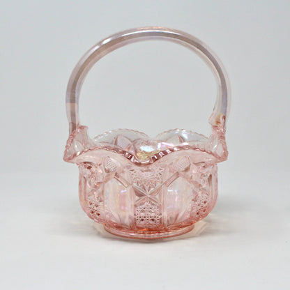 Basket: L.E. Smith Glass, Quintec, Pink Carnival Glass, Original Smith Label, USA, Vintage 1970s - SOLD
