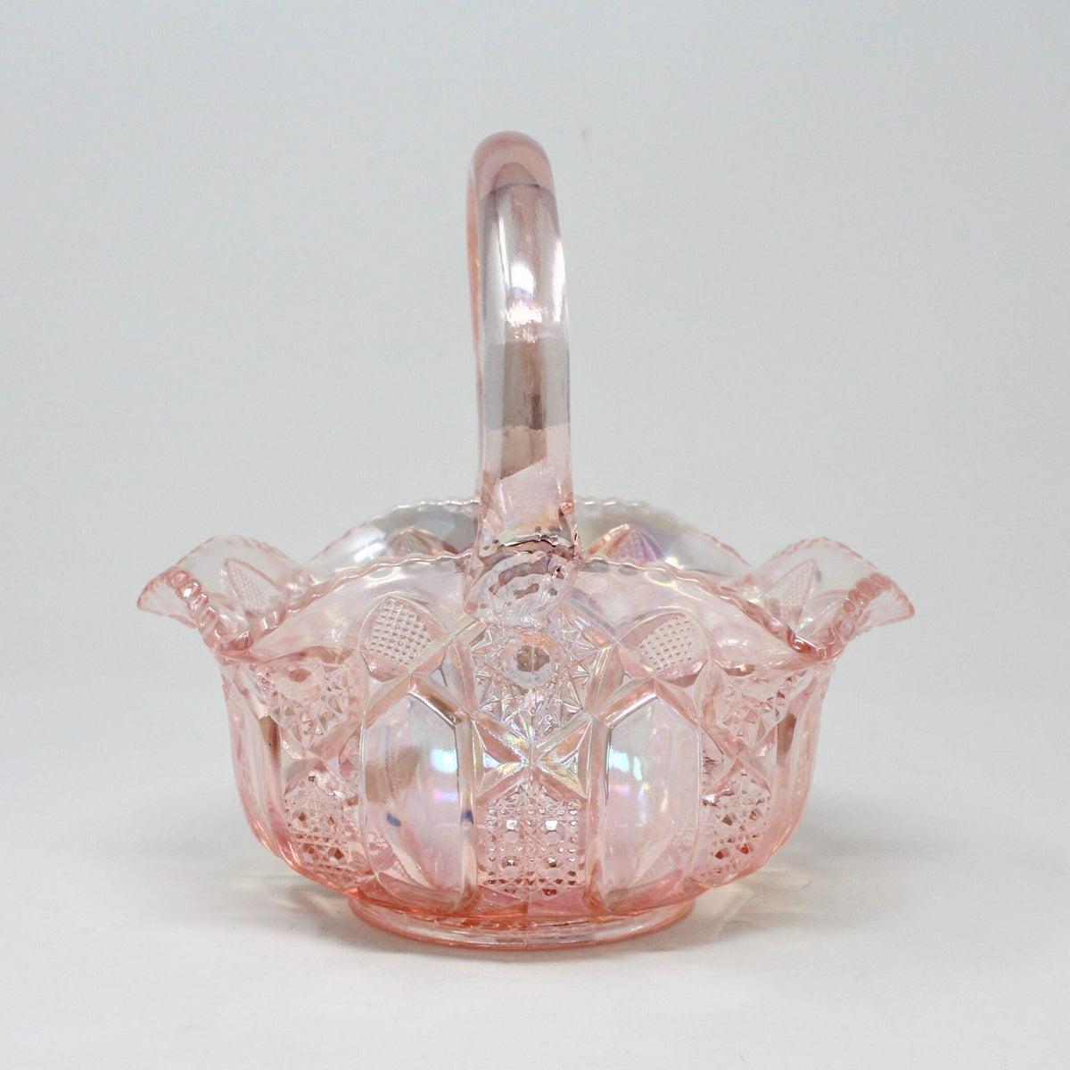 Basket: L.E. Smith Glass, Quintec, Pink Carnival Glass, Original Smith Label, USA, Vintage 1970s - SOLD