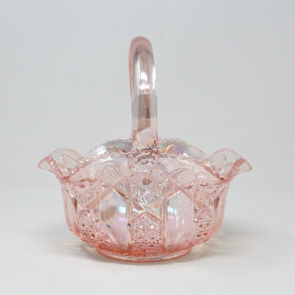 Basket: L.E. Smith Glass, Quintec, Pink Carnival Glass, Original Smith Label, USA, Vintage 1970s - SOLD
