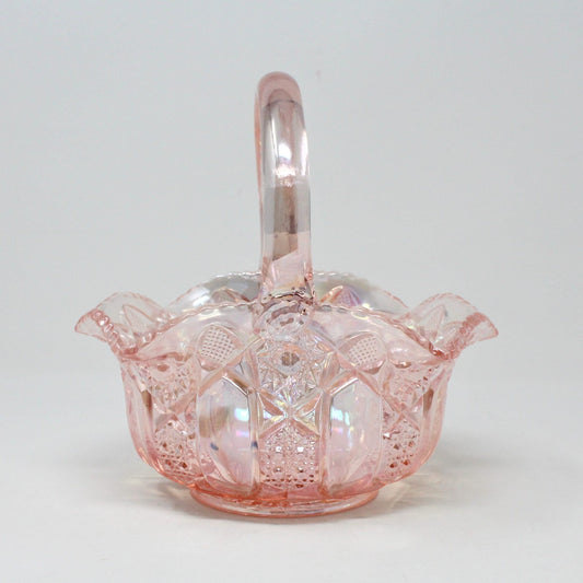 Basket: L.E. Smith Glass, Quintec, Pink Carnival Glass, Original Smith Label, USA, Vintage 1970s - SOLD