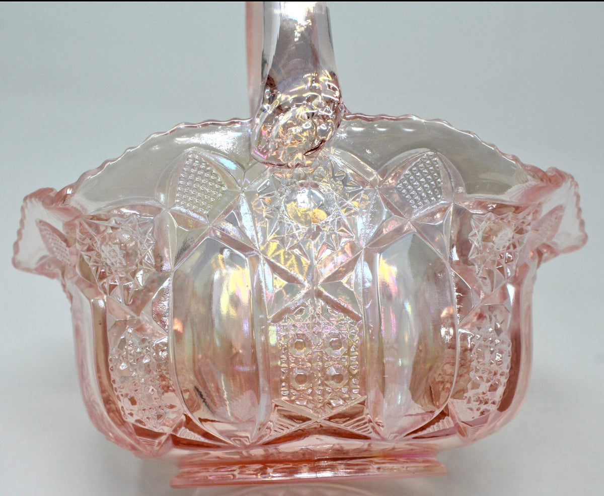 Basket: L.E. Smith Glass, Quintec, Pink Carnival Glass, Original Smith Label, USA, Vintage 1970s - SOLD