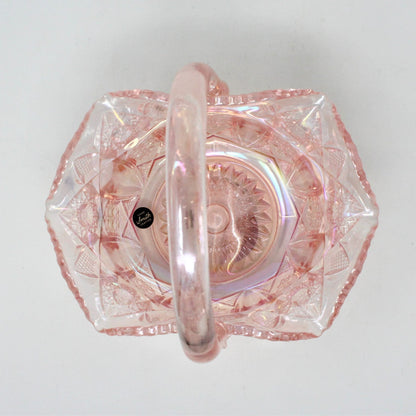 Basket: L.E. Smith Glass, Quintec, Pink Carnival Glass, Original Smith Label, USA, Vintage 1970s - SOLD