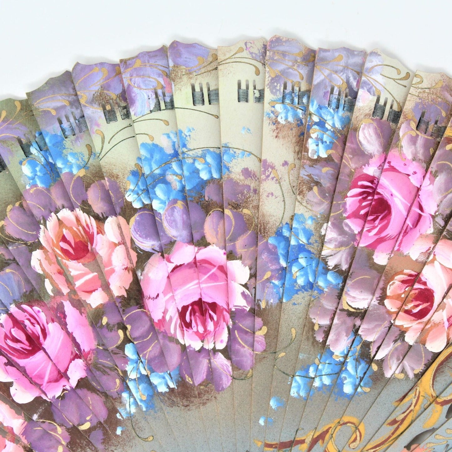 Hand Fan, Spanish Style, Hand Painted, Wood Open Cut-Work, Roses, Vintage