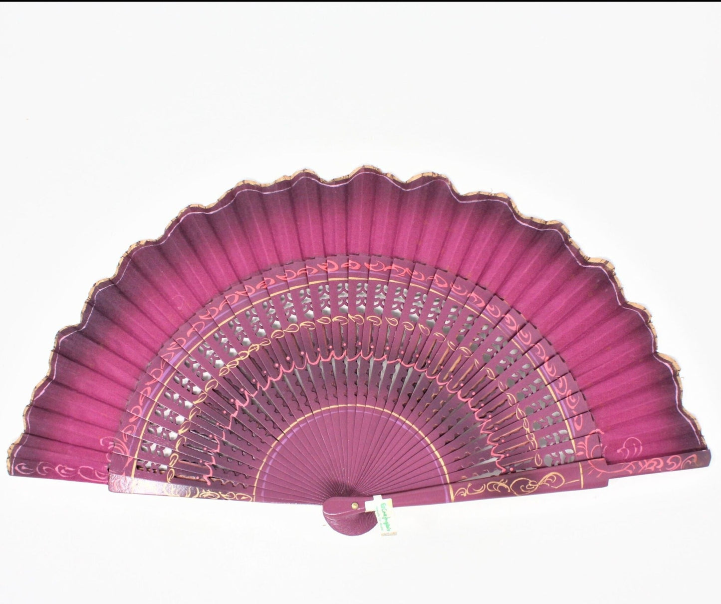 Hand Fan, Spanish Style, Folgado Romeu Hand Painted, Wood Open Cut-Work, Vintage