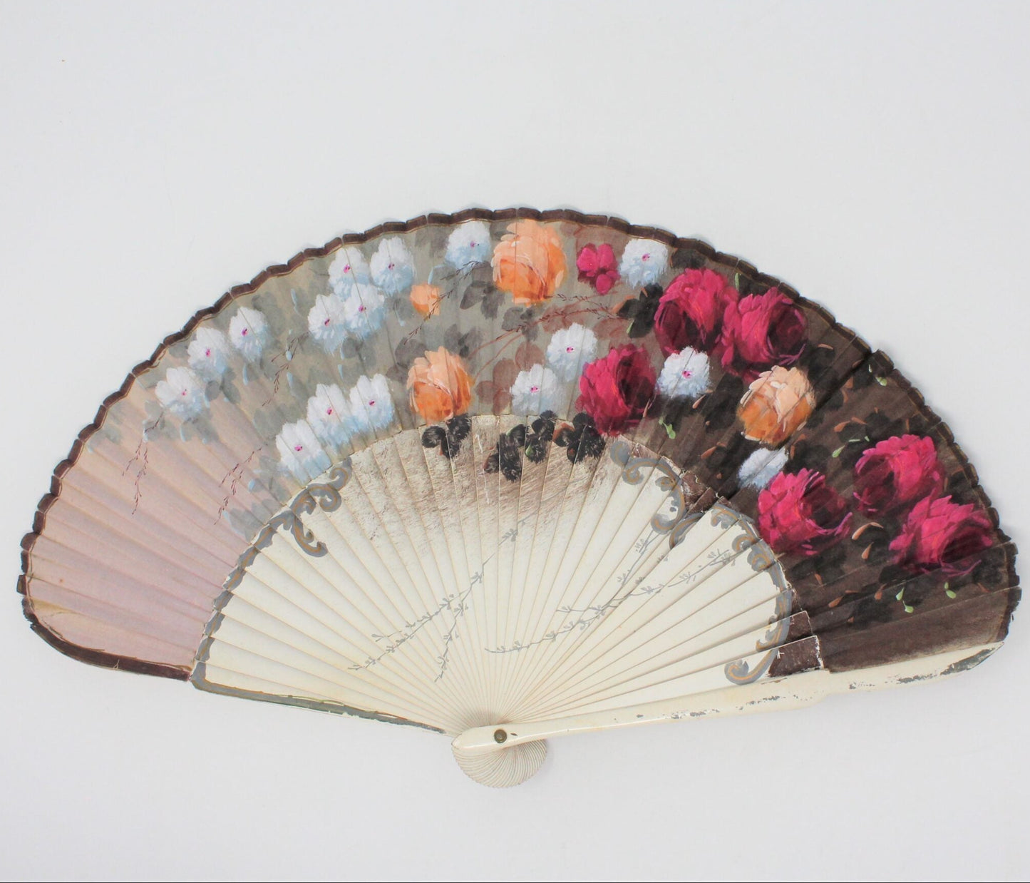 Hand Fan, Spanish Style, Hand Painted, Roses Red /Peach, Vintage, SOLD