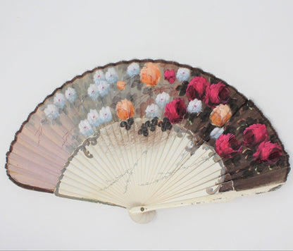 Hand Fan, Spanish Style, Hand Painted, Roses Red /Peach, Vintage, SOLD
