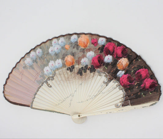 Hand Fan, Spanish Style, Hand Painted, Roses Red /Peach, Vintage, SOLD