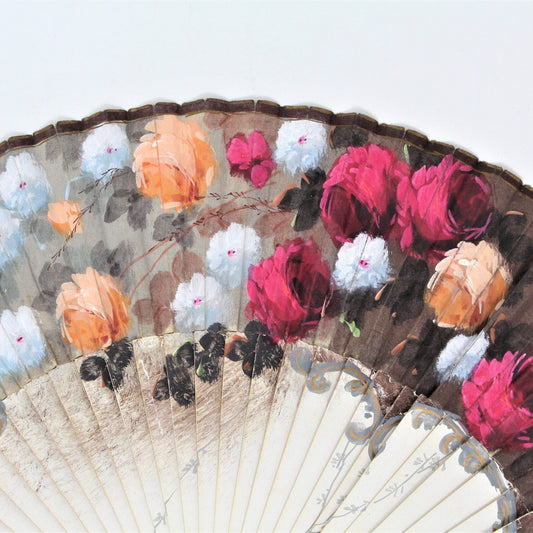 Hand Fan, Spanish Style, Hand Painted, Roses Red /Peach, Vintage, SOLD