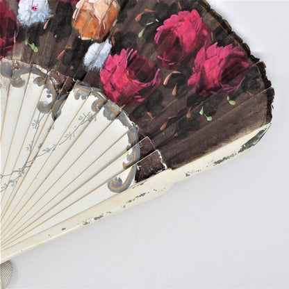 Hand Fan, Spanish Style, Hand Painted, Roses Red /Peach, Vintage, SOLD