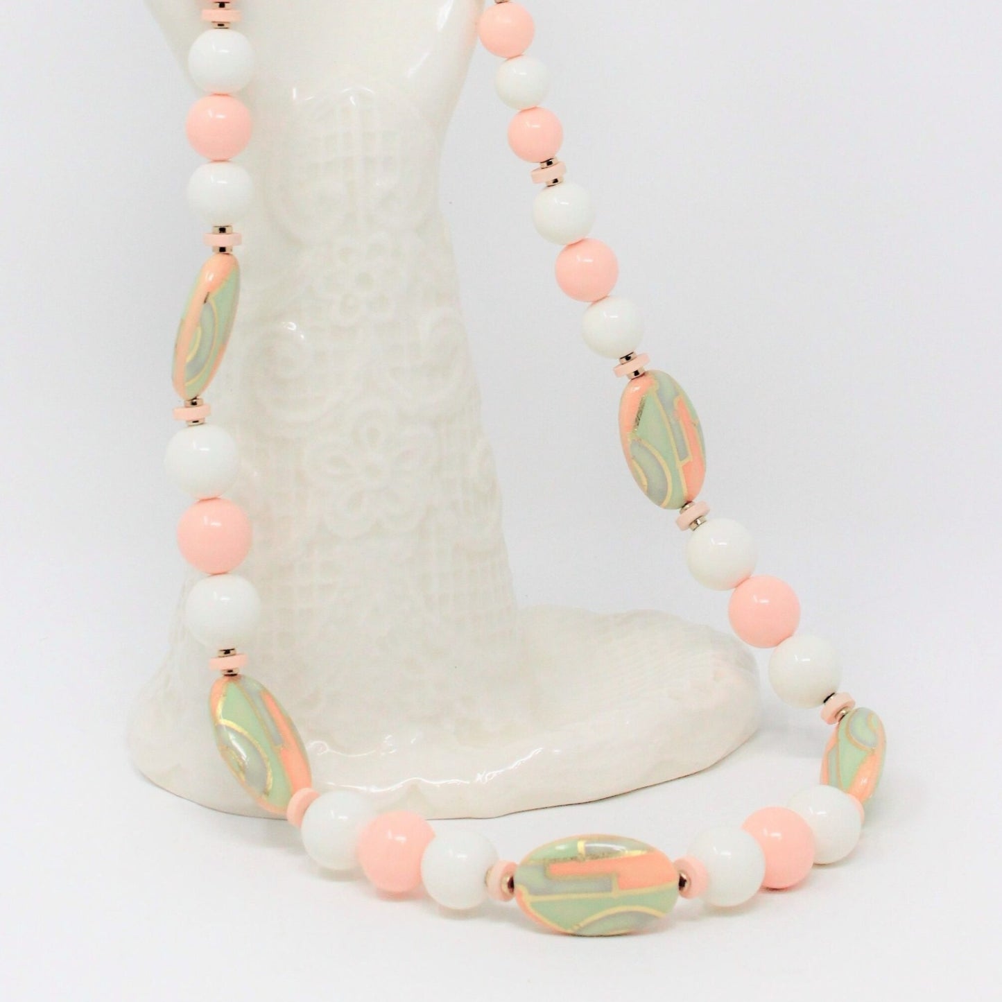 Necklace, Graduated Beads, Pastel Pink, White, Green, 29", Vintage Japan