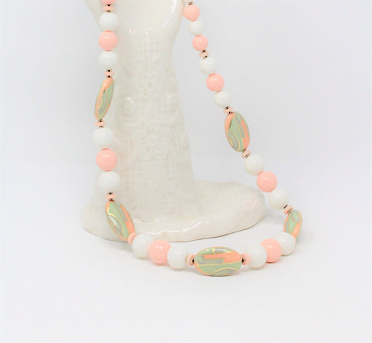 Necklace, Graduated Beads, Pastel Pink, White, Green, 29", Vintage Japan