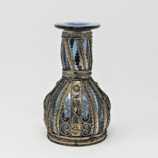 Vase, Metal Wrapped / Caged Blue Glass, Rare, Vintage