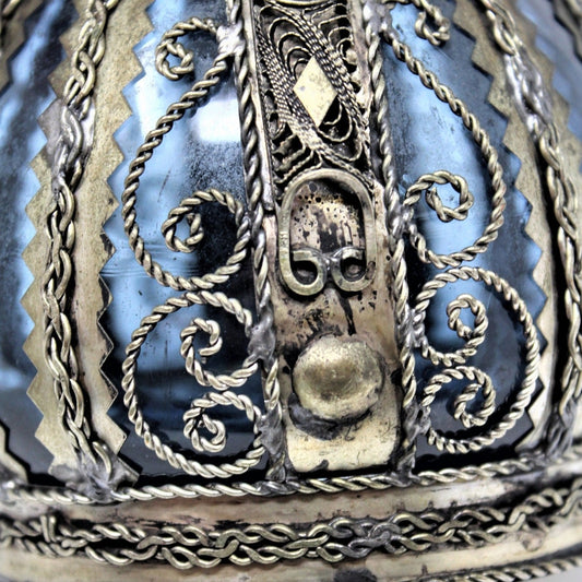 Vase, Metal Wrapped / Caged Blue Glass, Rare, Vintage