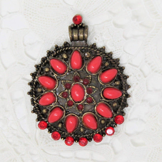 Pendant, Antiqued Brass, Imitation Coral & Red Rhinestones, Vintage