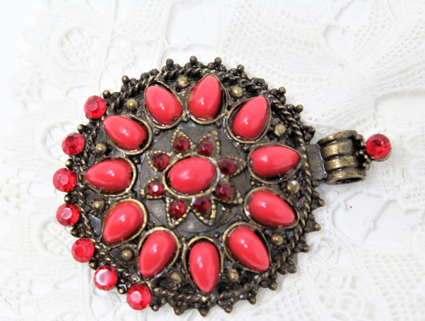 Pendant, Antiqued Brass, Imitation Coral & Red Rhinestones, Vintage