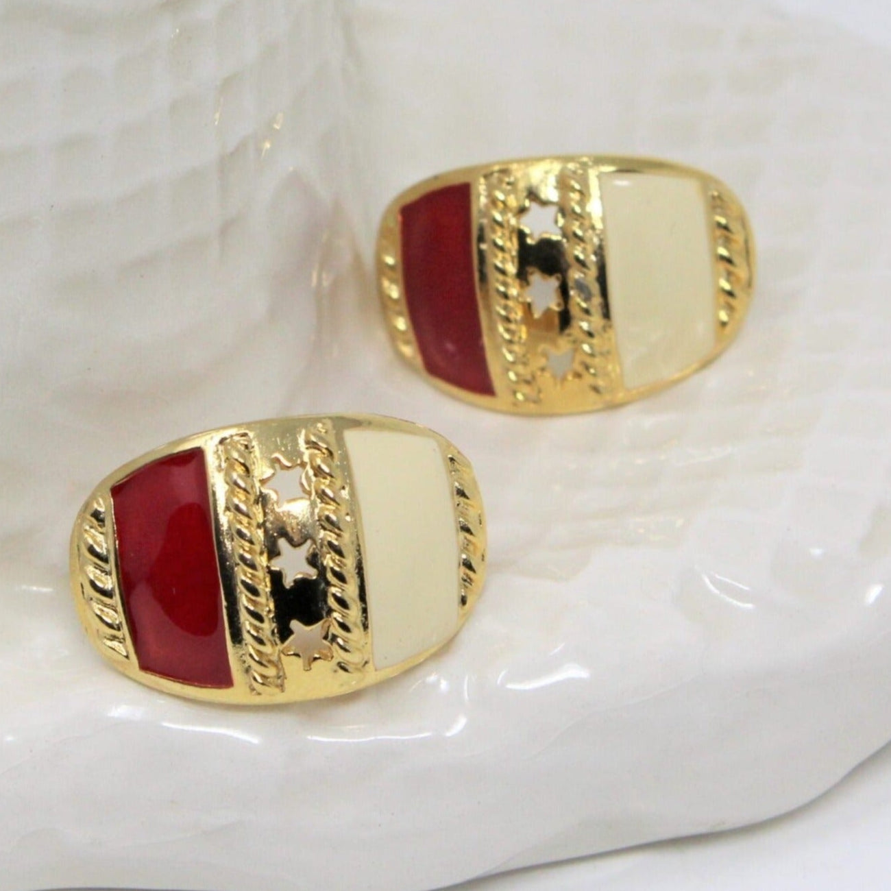 Earrings, Red & White with Cut-Out Stars, Gold Tone, Posts Vintage