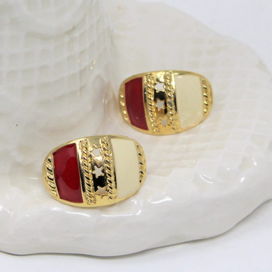 Earrings, Red & White with Cut-Out Stars, Gold Tone, Posts Vintage