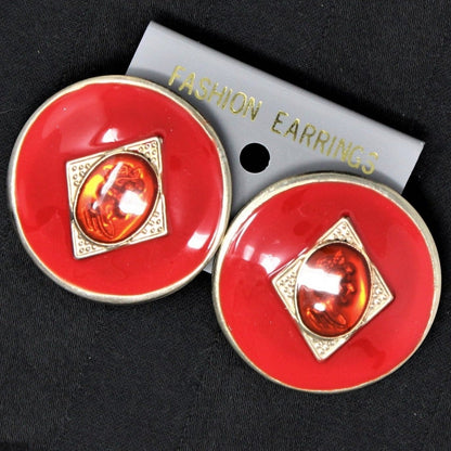 Earrings, Queen Cameo, Red Enamel, Posts, Vintage