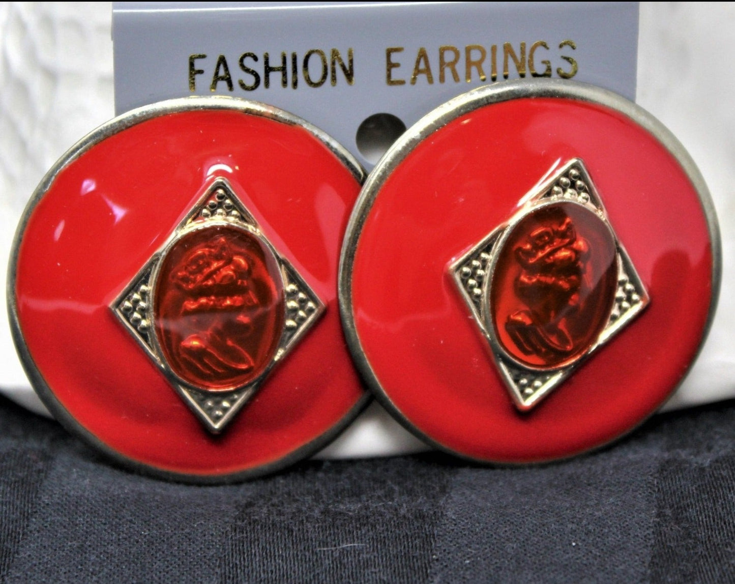 Earrings, Queen Cameo, Red Enamel, Posts, Vintage
